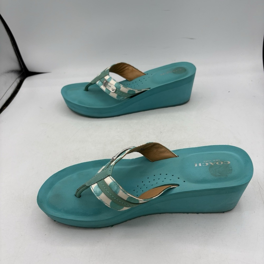 Coach Sandals Womens Size 8.5 B Jaden Wedge Heel Teal Cushioned Leather Straps - Picture 10 of 12
